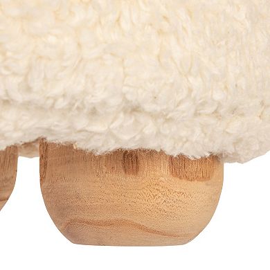Hello Honey Round Sherpa Upholstered Pouf with Pine Wood Feet, Cream and Natural