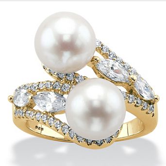 PalmBeach Jewelry 1.30 ct w Genuine Cultured Pearl & CZ 14k Gold-plated Silver Bypass Ring