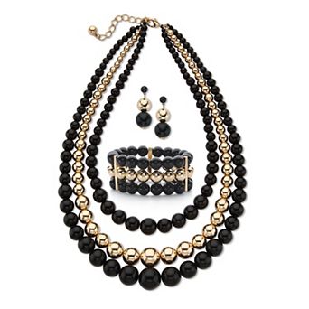 PalmBeach Jewelry 3 pc Black & Goldtone Graduated Beaded Necklace, Earring & Stretch Bracelet Set
