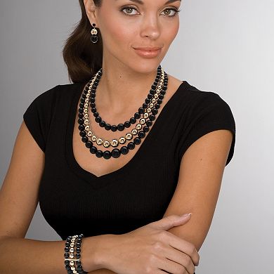 PalmBeach Jewelry 3 PC Black & Goldtone Graduated Beaded Necklace, Earring & Stretch Bracelet Set