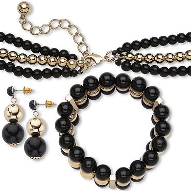 PalmBeach Jewelry 3 PC Black & Goldtone Graduated Beaded Necklace, Earring & Stretch Bracelet Set
