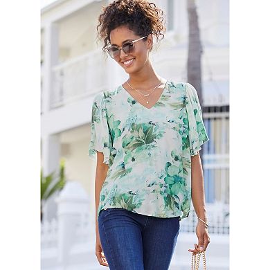 Lascana Women's Floral Flutter Sleeve Blouse