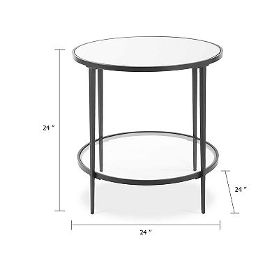 Lify Side End Table, 24 Inch Round Mirrored Top, Open Shelf, Black