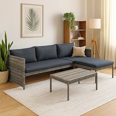 Leny 3pc Modular Garden Lounge Sofa Set with Table, Dark Gray Cushions