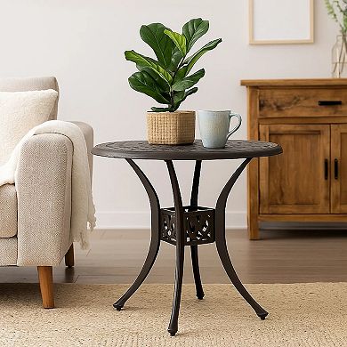 Outdoor Table, 31 Inch Round Top and Curved Legs, Bronze Aluminum