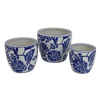 Garden Planter Set of 3, Ceramic Japanese White Blue Floral Pattern