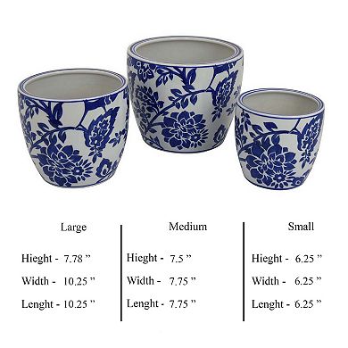 Garden Planter Set of 3, Ceramic Japanese White Blue Floral Pattern