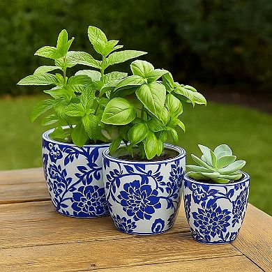 Garden Planter Set of 3, Ceramic Japanese White Blue Floral Pattern