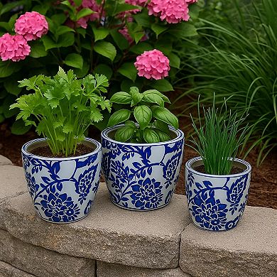 Garden Planter Set of 3, Ceramic Japanese White Blue Floral Pattern