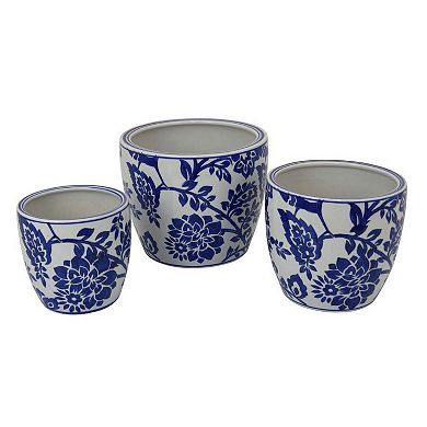 Garden Planter Set of 3, Ceramic Japanese White Blue Floral Pattern