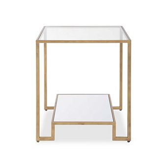 Kix Side End Table, 20 Inch Square Glass Top, Open Shelf, Antique Gold