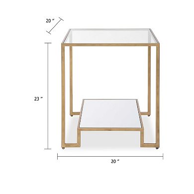 Kix Side End Table, 20 Inch Square Glass Top, Open Shelf, Antique Gold