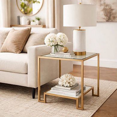 Kix Side End Table, 20 Inch Square Glass Top, Open Shelf, Antique Gold