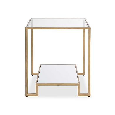 Kix Side End Table, 20 Inch Square Glass Top, Open Shelf, Antique Gold