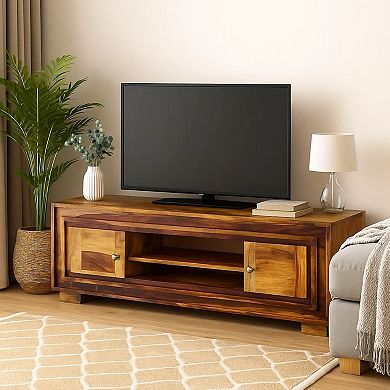 Fenny TV Stand Media Cabinet with 2 Doors, Brown Solid Wood, 24 Inch