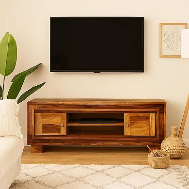 Fenny TV Stand Media Cabinet with 2 Doors, Brown Solid Wood, 24 Inch