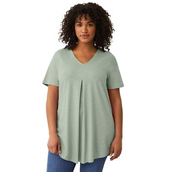 ellos Plus Size V-Neck Inverted Pleat Tunic With Curved Hem