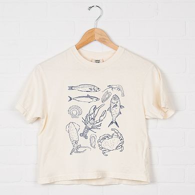 Nautical Creatures Sketched - Women's Boxy Crop Top Graphic T-Shirt
