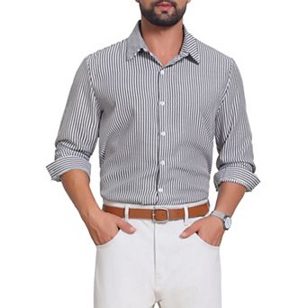 Men's Seersucker Dress Shirts Long Sleeve Button Down Textured Striped Shirts