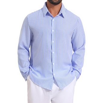 Men's Seersucker Dress Shirts Long Sleeve Button Down Textured Striped Shirts