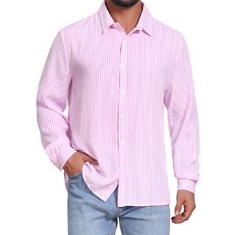 Men's Seersucker Dress Shirts Long Sleeve Button Down Textured Striped Shirts