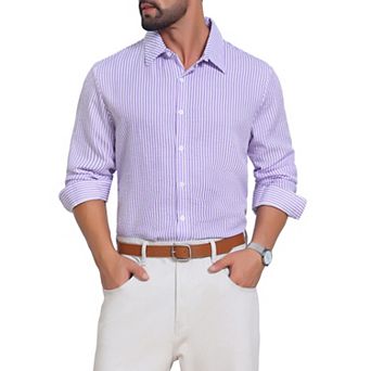 Men's Seersucker Dress Shirts Long Sleeve Button Down Textured Striped Shirts