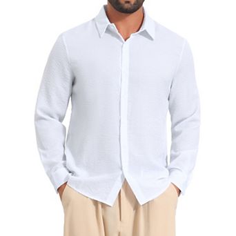 Men's Seersucker Dress Shirts Long Sleeve Button Down Textured Striped Shirts