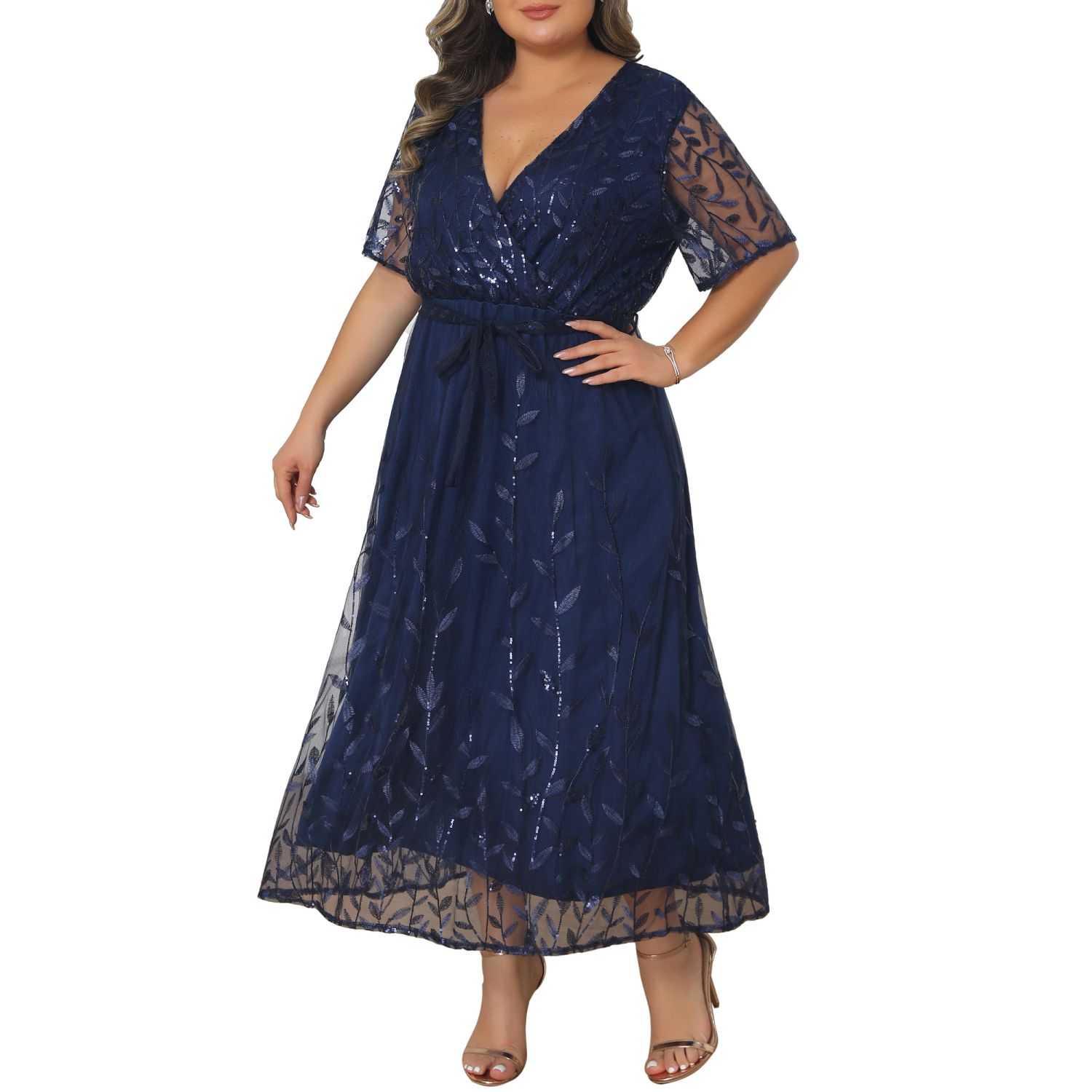 Женские платья Plus Size Wedding Guest Dress Sequin Wrap V Neck Midi Cocktail Party Prom Long Dress
