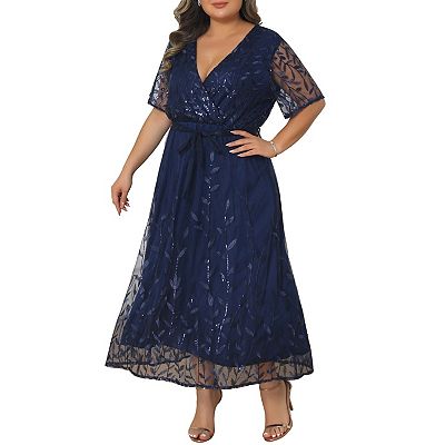 Women's Plus Size Wedding Guest Dress Sequin Wrap V Neck Midi Cocktail  Party Prom Long Dress