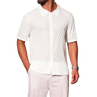 Lace Shirt for Men's Hollow See Through Button Down Short Sleeve Disco Sheer Shirts