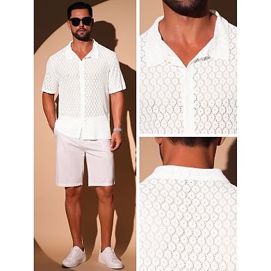 Lace Shirt for Men's Hollow See Through Button Down Short Sleeve Disco Sheer Shirts
