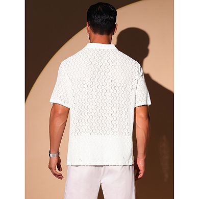 Lace Shirt for Men's Hollow See Through Button Down Short Sleeve Disco Sheer Shirts