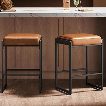 AKSZRI Mid-Century Modern Bar Stools Set of 2 - 26" Counter Height, Synthetic Leather, Caramel Brown