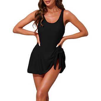 Women's Adjustable Hem Ties Bow Swimdress, 1 pc Strappy Skirt Tummy Control Bathing Suit Swimwear