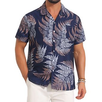 Men's Hawaiian Shirt Short Sleeve Button Down Camp Collar Leaf Print Shirts