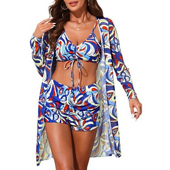 Women's Strappy Ruched Bikini Sets, 3 pc Long Sleeve Robe Cover Up BoyShorts Bottoms Swimwear