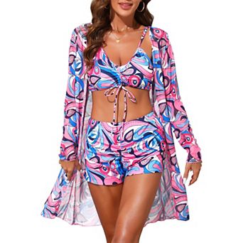 Women's Strappy Ruched Bikini Sets, 3 pc Long Sleeve Robe Cover Up BoyShorts Bottoms Swimwear