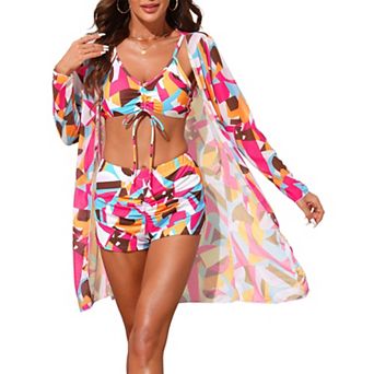 Women's Strappy Ruched Bikini Sets, 3 pc Long Sleeve Robe Cover Up BoyShorts Bottoms Swimwear