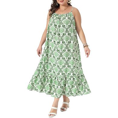 Women's Plus Size Summer Spaghetti Strap Boho Print Midi Dress Sundress Swing Flowy Beach Vacation
