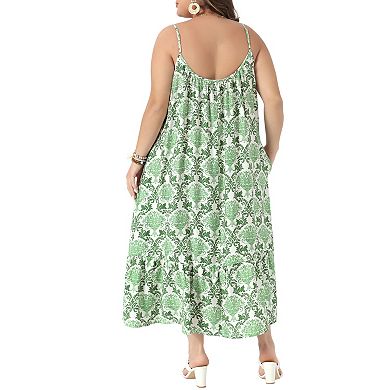 Women's Plus Size Summer Spaghetti Strap Boho Print Midi Dress Sundress Swing Flowy Beach Vacation