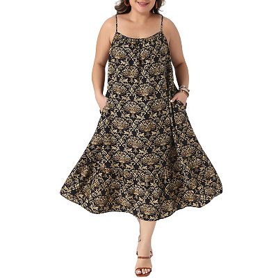 Women's Plus Size Summer Spaghetti Strap Boho Print Midi Dress Sundress  Swing Flowy Beach Vacation