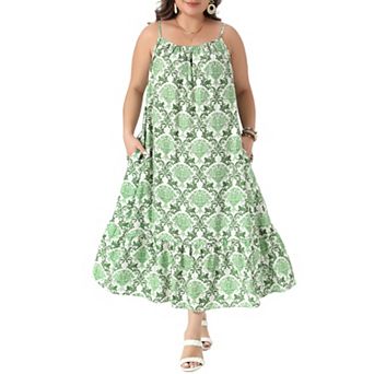 Women's Plus Size Summer Spaghetti Strap Boho Print Midi Dress Sundress Swing Flowy Beach Vacation
