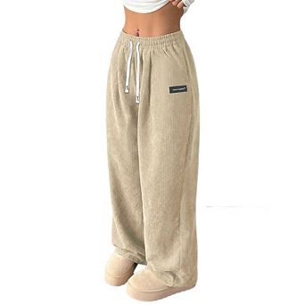 Women's Corduroy Palazzo Pants Ladies Drawstring Elastic Waist Loose Casual Wide Leg Trousers