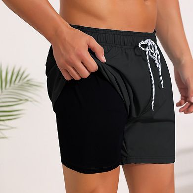 Solid Board Shorts for Men's Drawstring Waist Stretch Liner Pool Beach Shorts