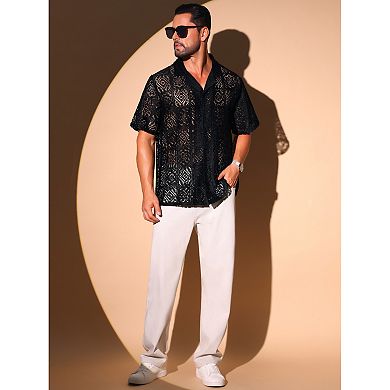 Hollow Lace Shirt for Men's Button Down Short Sleeve See Through Mesh Shirts