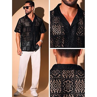Hollow Lace Shirt for Men's Button Down Short Sleeve See Through Mesh Shirts