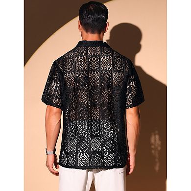Hollow Lace Shirt for Men's Button Down Short Sleeve See Through Mesh Shirts