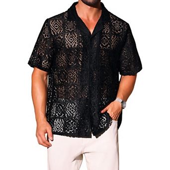 Hollow Lace Shirt for Men's Button Down Short Sleeve See Through Mesh Shirts
