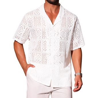 Hollow Lace Shirt for Men's Button Down Short Sleeve See Through Mesh Shirts