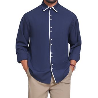 Men's Contrast Trim Dress Shirt Long Sleeve Button Down Office Formal Shirts